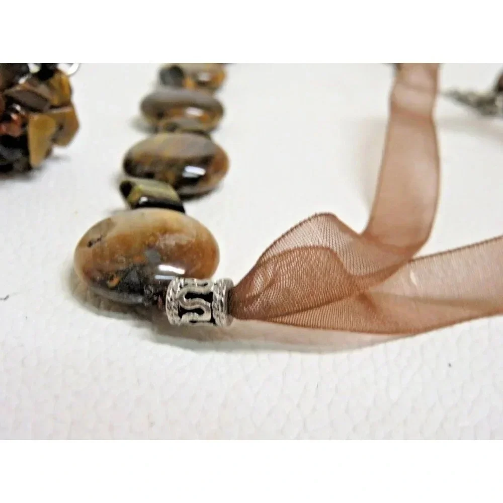 Tiger's Eye Necklace & Ring Set Striped Stone Beaded  Adjustable Ribbon - Picture 10 of 10